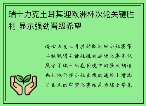 瑞士力克土耳其迎欧洲杯次轮关键胜利 显示强劲晋级希望