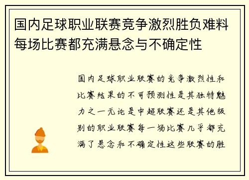 国内足球职业联赛竞争激烈胜负难料每场比赛都充满悬念与不确定性