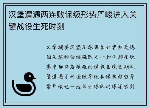 汉堡遭遇两连败保级形势严峻进入关键战役生死时刻