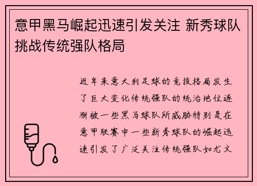 意甲黑马崛起迅速引发关注 新秀球队挑战传统强队格局