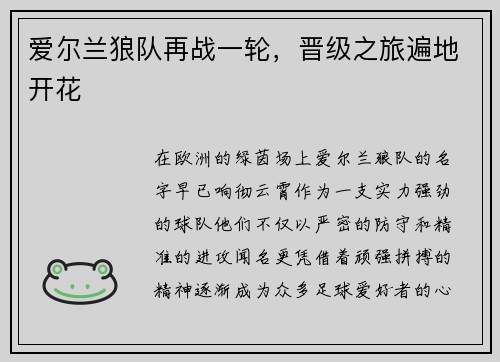 爱尔兰狼队再战一轮，晋级之旅遍地开花
