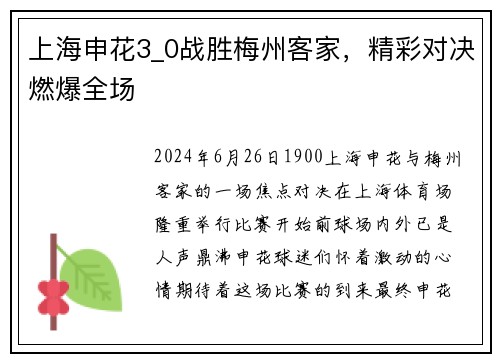 上海申花3_0战胜梅州客家，精彩对决燃爆全场