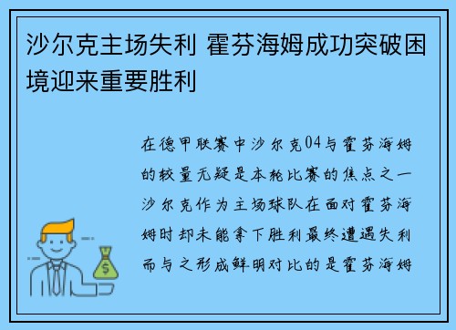 沙尔克主场失利 霍芬海姆成功突破困境迎来重要胜利