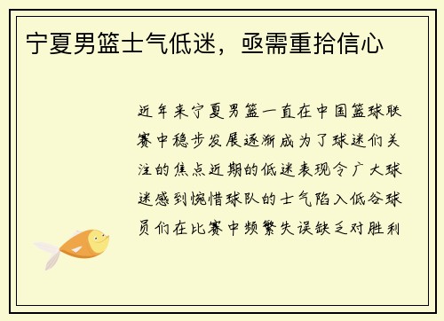 宁夏男篮士气低迷，亟需重拾信心