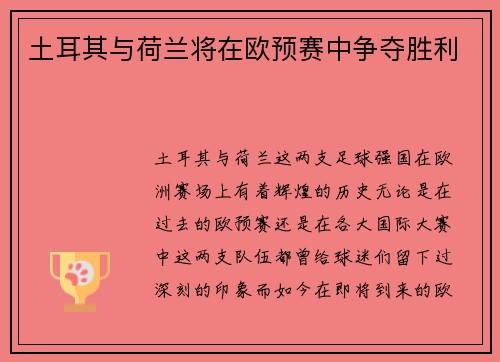 土耳其与荷兰将在欧预赛中争夺胜利