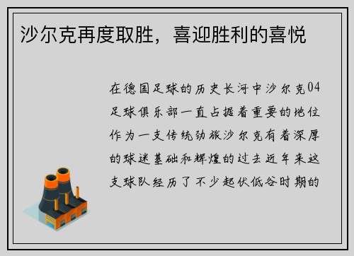 沙尔克再度取胜，喜迎胜利的喜悦