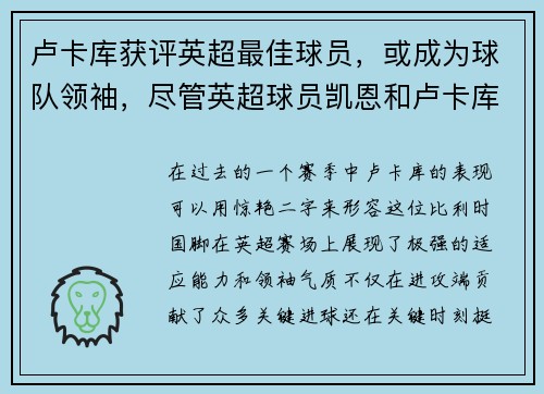 卢卡库获评英超最佳球员，或成为球队领袖，尽管英超球员凯恩和卢卡库霸占了射手榜的前两名,法甲