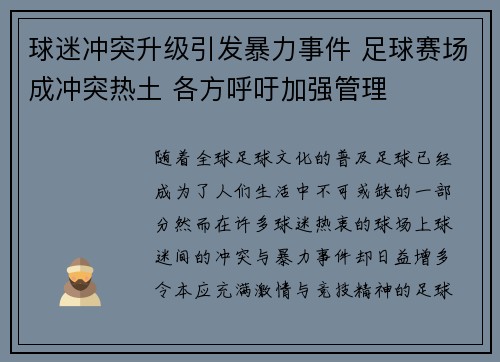 球迷冲突升级引发暴力事件 足球赛场成冲突热土 各方呼吁加强管理
