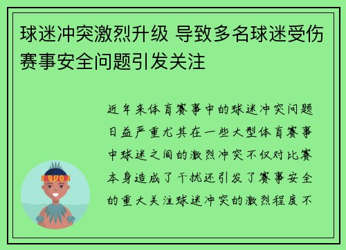 球迷冲突激烈升级 导致多名球迷受伤赛事安全问题引发关注
